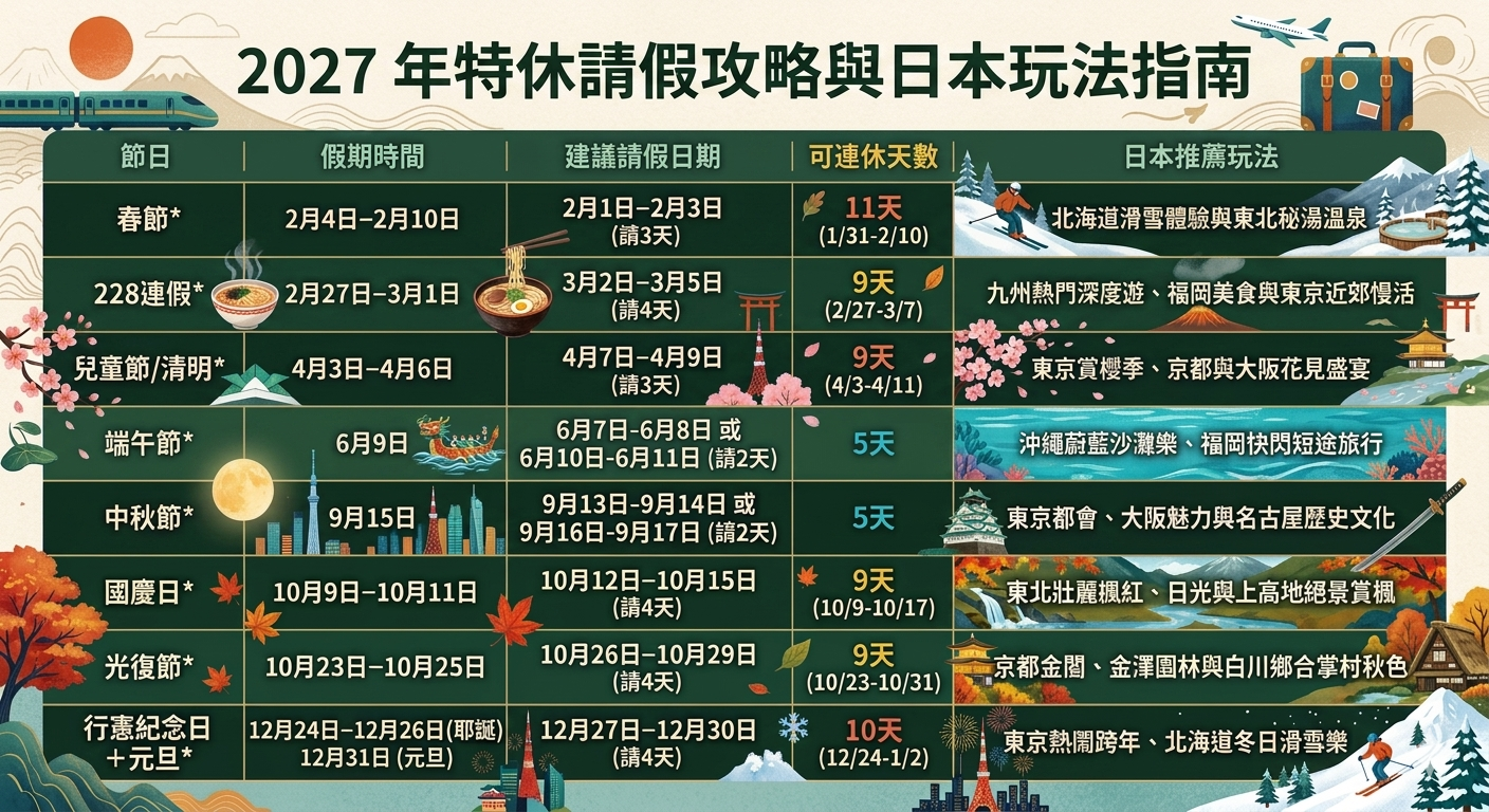 2027 台灣連假與日本旅遊請假規劃圖表