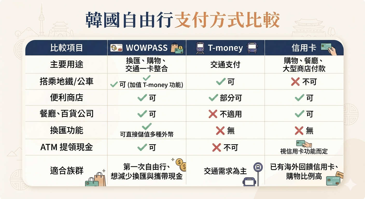 WOWPASS、T-money 與信用卡功能比較表