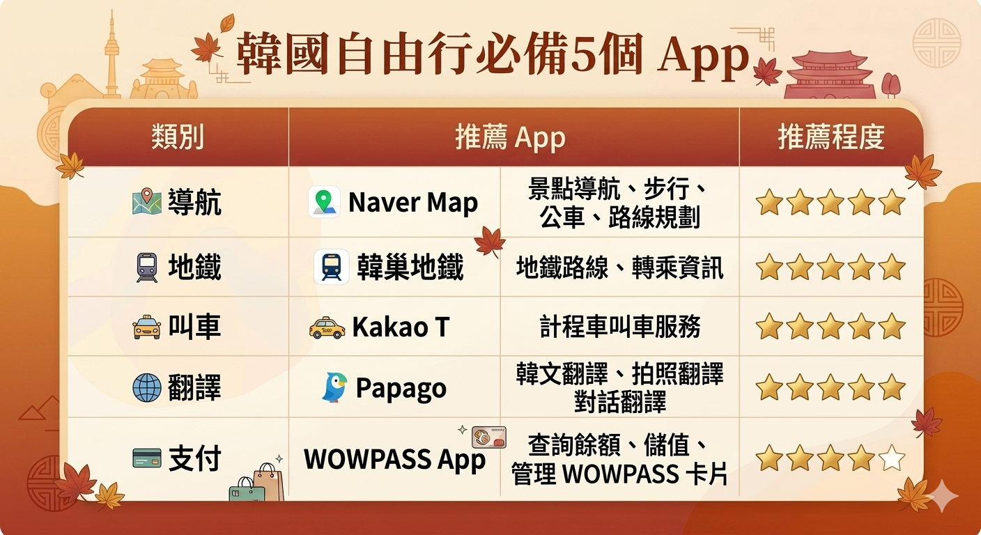 2026 韓國旅遊必備 App 功能比較表