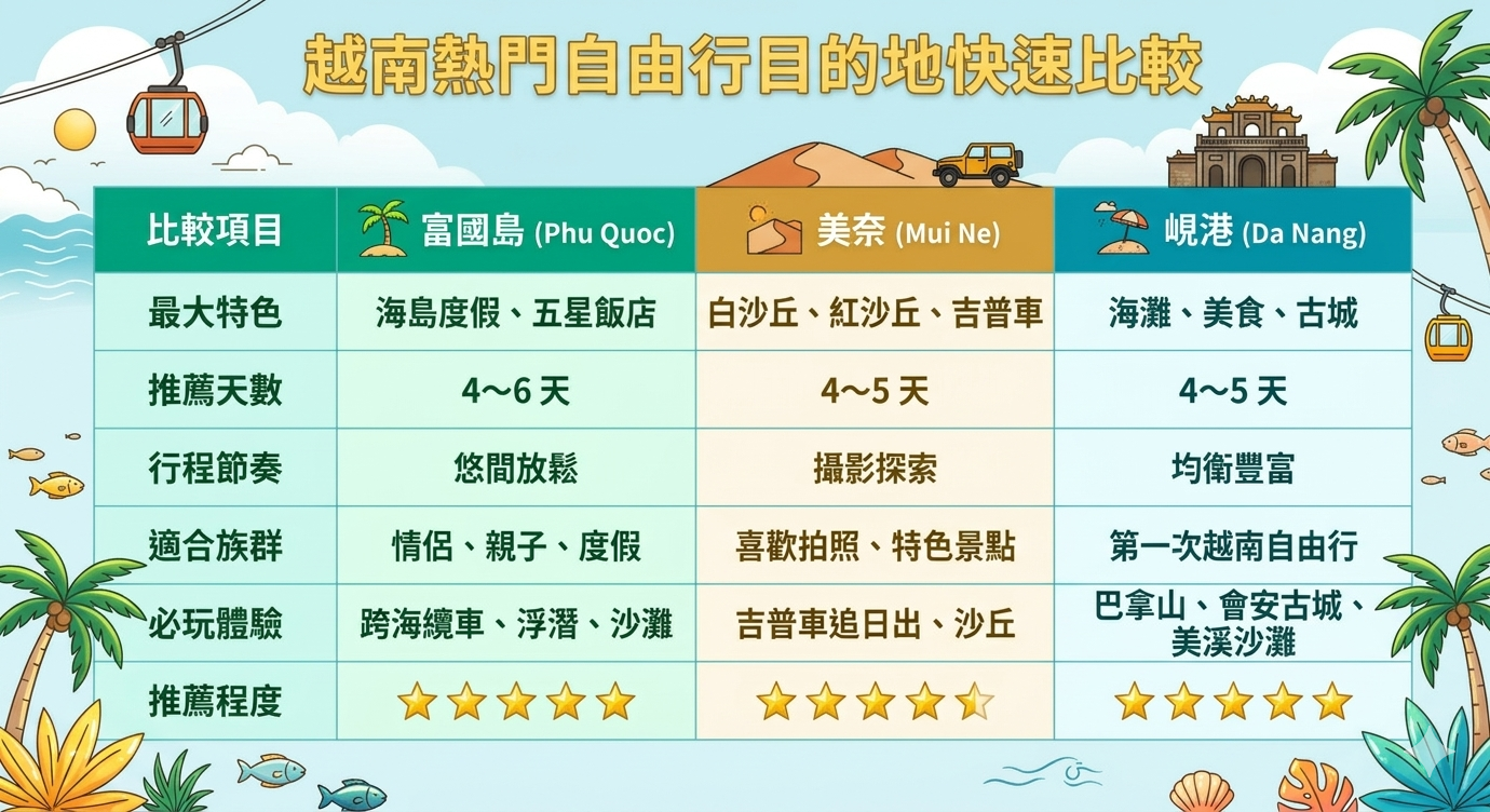 富國島、美奈與峴港旅遊特色比較表