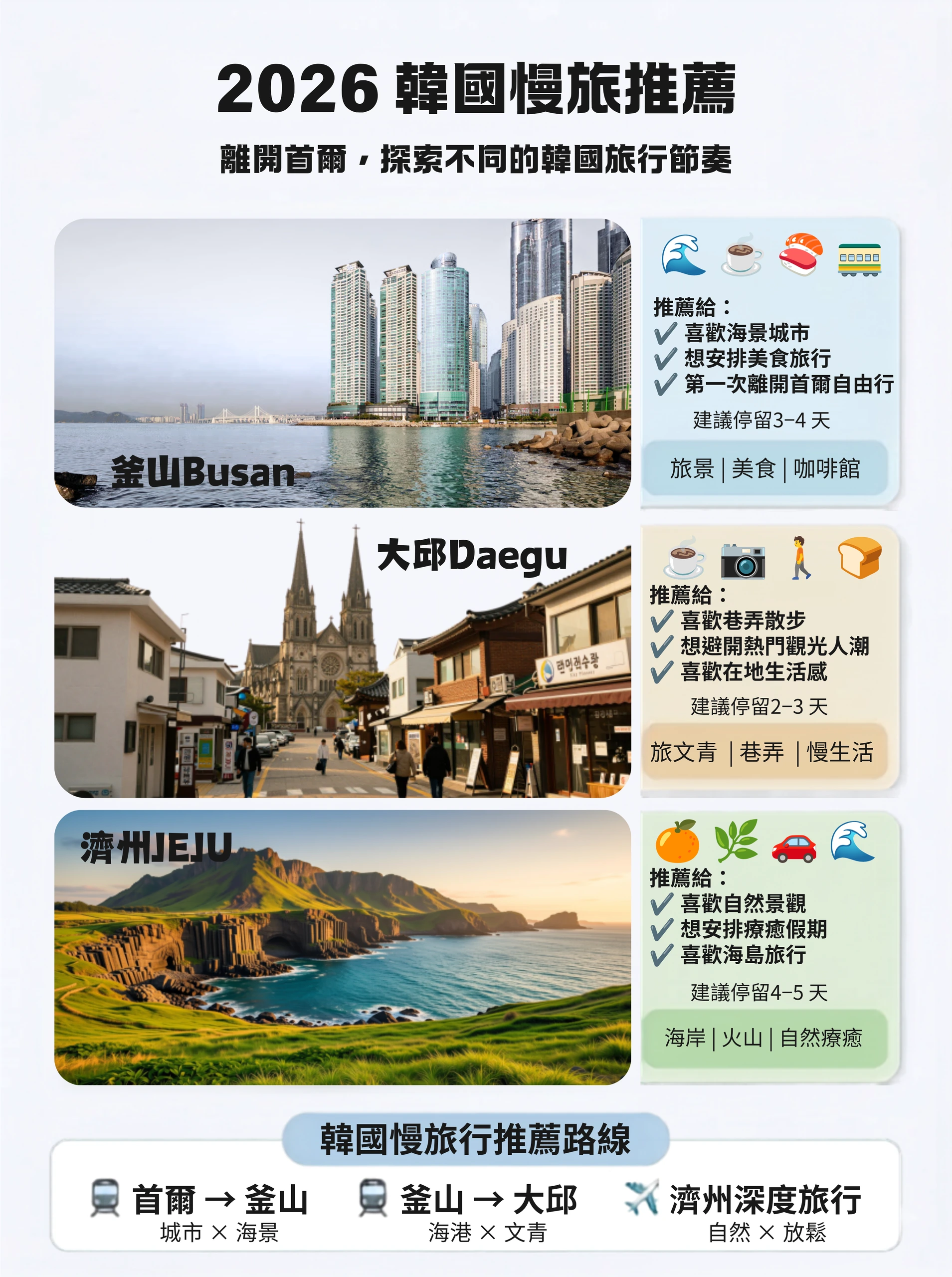 釜山、大邱與濟州旅遊特色比較圖