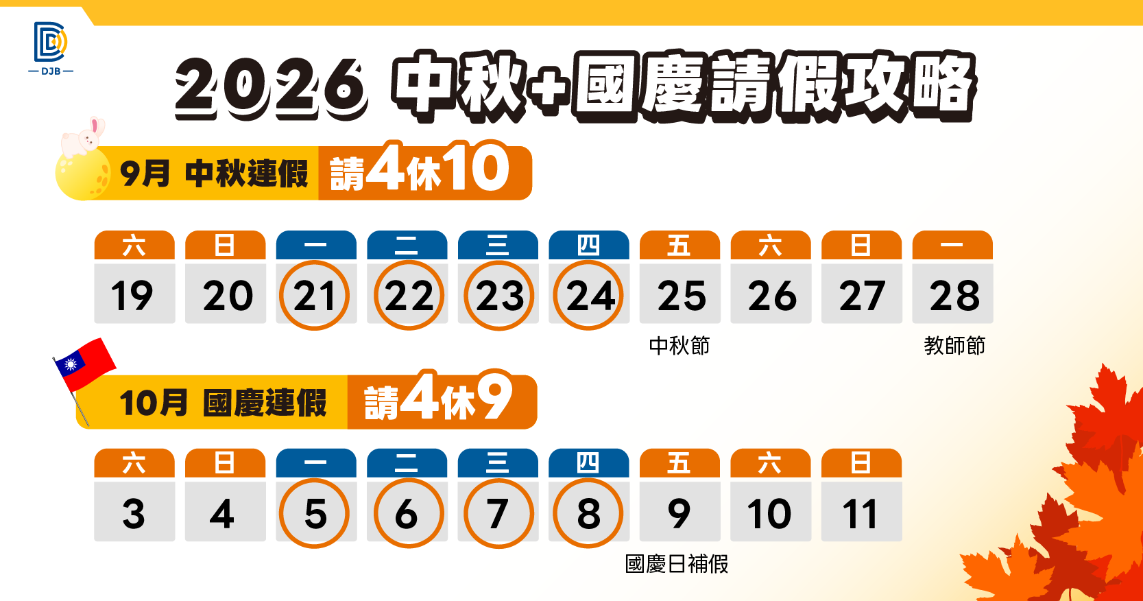 2026中秋請四休十與國慶請四休九行事曆