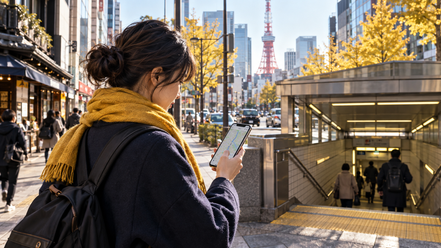 DJB 日本 eSIM 東京自由行:旅客在東京街頭使用地圖導航(AI 示意)