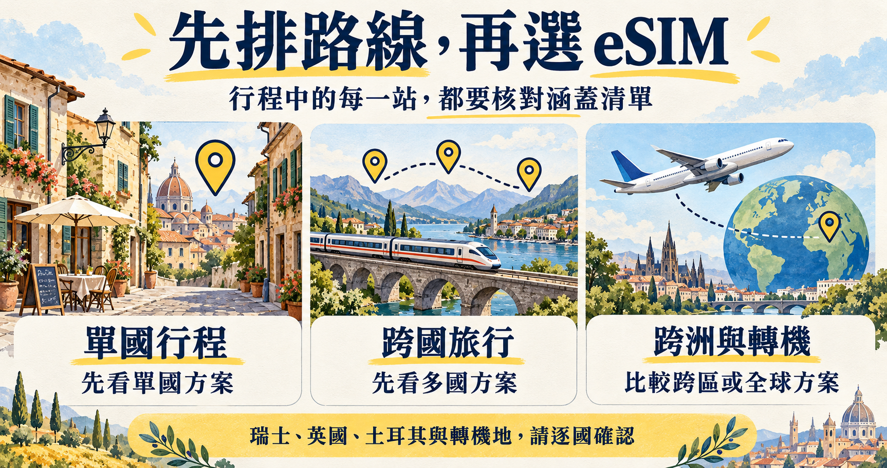 依單國、跨國與跨洲轉機行程挑選 eSIM,並逐國核對涵蓋清單的圖解